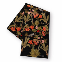 Load image into Gallery viewer, Fabric table runner with floral and bird design on a black background
