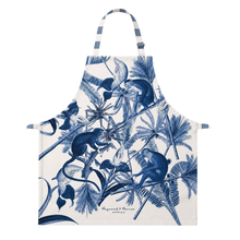 Load image into Gallery viewer, Apron with blue monkey and palm tree design on a white background