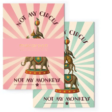 Load image into Gallery viewer, Two vintage-style Macaroon notebooks with circus-themed text and animals on a white background.