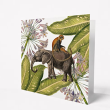 Load image into Gallery viewer, Greeting card with an illustration of an elephant and monkey among tropical leaves and flowers.