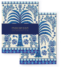 Load image into Gallery viewer, Set of blue and white patterned notebooks with 'macaroon' branding.