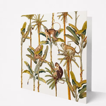 Load image into Gallery viewer, Greeting card with monkeys and palm trees design on a white background