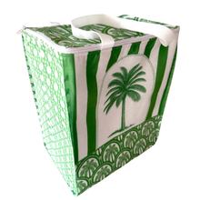 Load image into Gallery viewer, Green and white patterned cooler bag with palm tree design on a white background