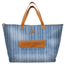 Load image into Gallery viewer, Blue striped IY beach bag with brown leather accents on a white background
