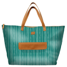 Load image into Gallery viewer, Green striped IY beach bag with brown leather accents on a white background