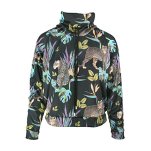 Load image into Gallery viewer, A black zip-up pullover featuring a vibrant tropical print of leopards and palm leaves in shades of green, purple, and gold, displayed on a clean white background.