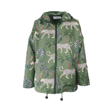 Load image into Gallery viewer, An olive green hooded rain jacket featuring a colorful print of leopards, zebras, and tropical palm trees, shown against a plain white background.