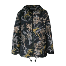 Load image into Gallery viewer, A hooded zip-up rain jacket with a black base and an all-over print of leopard spots, chains, and abstract leaf-like shapes in beige, gray, and gold, shown on a plain white background.
