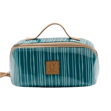 Load image into Gallery viewer, Teal striped toiletry bag with a brown handle and IY logo on a white background