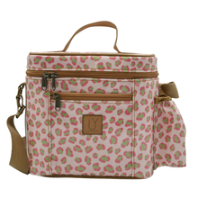 Load image into Gallery viewer, A pink and green leopard print soft-sided lunch bag with tan handles, a shoulder strap, and a side pouch, shown on a white background.