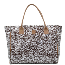 Load image into Gallery viewer, A leopard print tote bag with brown handles and trim, featuring a central leather IY logo on a white background.