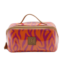 Load image into Gallery viewer, Orange and purple tiger print toiletry bag with a visible IY brand logo on a white background