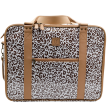 Load image into Gallery viewer, An overnight bag with a brown and white leopard print pattern, tan leather trim, and a top handle, shown against a plain white background.