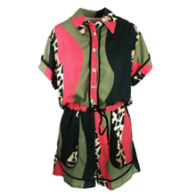 Load image into Gallery viewer, Red, olive, & black jumpsuit with leopard print accents, buttons, & a black tie around the waist