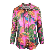 Load image into Gallery viewer, Colorful tropical shirt with palm trees and leopards on a pink background