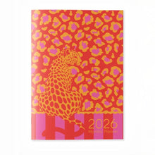 Load image into Gallery viewer, 2026 monthly planner with a colorful leopard pattern on a red background