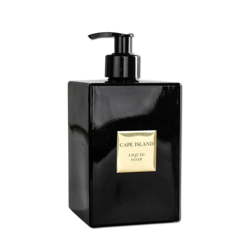 Black liquid soap bottle with pump and 'Cape Island' branding on a white background