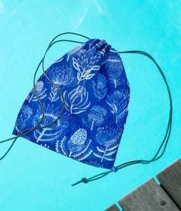 A Love Supreme Drawstring Wet Bag - Floral Kingdom White on Blue