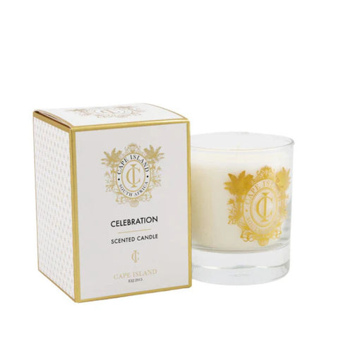 Cape Island Celebration scented candle with packaging on a white background