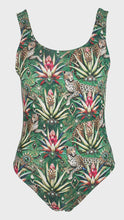 Load image into Gallery viewer, Rush Activewear One-piece swimsuit  - Wild Emerald - a tropical pattern featuring leopards and plants on a green background

