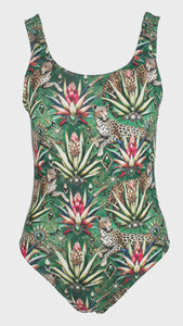 Rush Activewear One-piece swimsuit  - Wild Emerald - a tropical pattern featuring leopards and plants on a green background