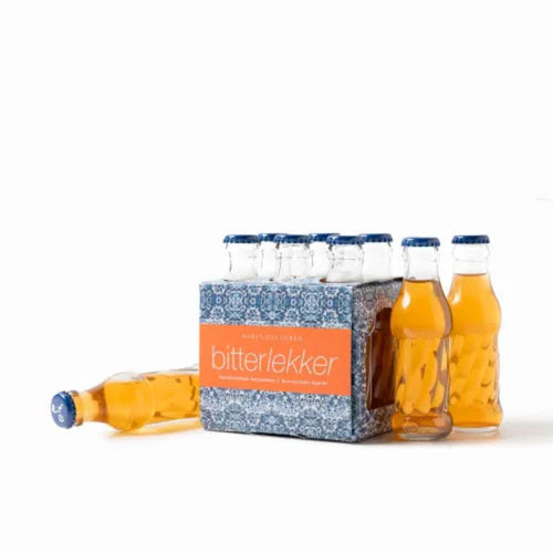 Pack of bitterlekker bottles with a decorative box on a white background