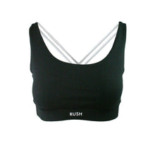 Load image into Gallery viewer, Black sports bra with white straps featuring the brand &#39;Rush&#39;.
