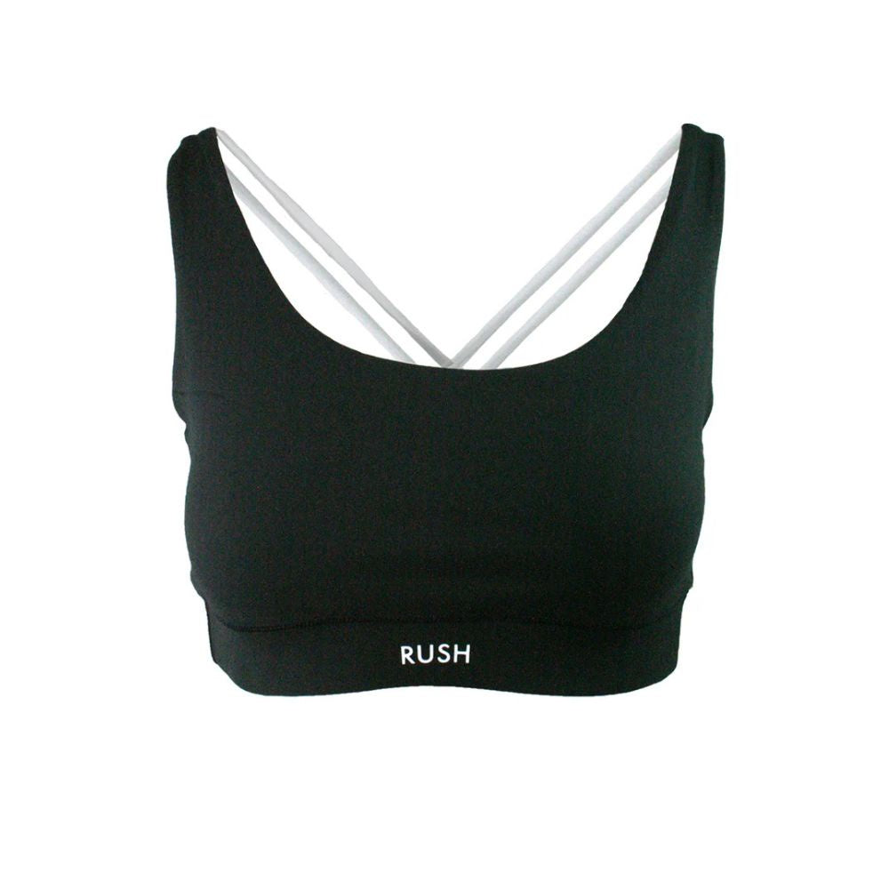 Black sports bra with white straps featuring the brand 'Rush'.