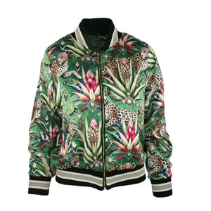 Rush Activewear Bomber Jacket - Wild Emerald - tropical pattern featuring leopards and plants