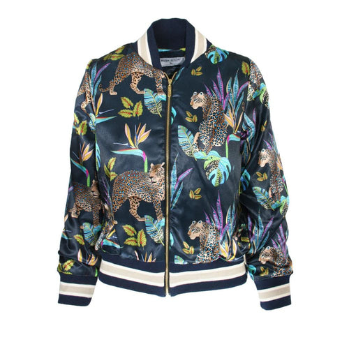 Jacket with a colorful animal and plant pattern on a white background