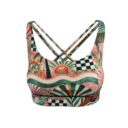 Multicolored patterned sports bra on a white background