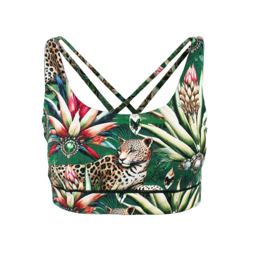 Rush Activewear Sports Bra - Wild Emerald Print - Tropical-themed with leopards and plants 