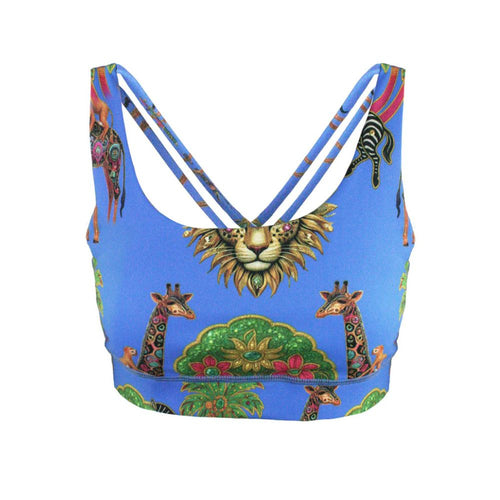Rush Activewear Colourful sports bra with animal prints on a blue background