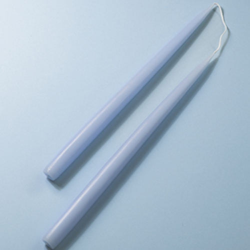 2 light blue taper candles on a light blue background