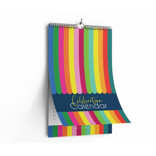 Colorful striped calendar with 'Celebration Calendar' text on a white background