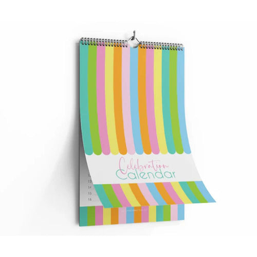 Colorful striped calendar with 'Celebration Calendar' text on a white background