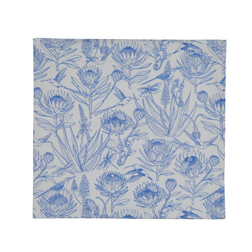 A Love Supreme extra length tablecloth. Blue protea pattern on light blue background