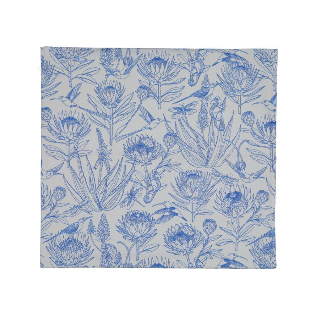 A Love Supreme extra length tablecloth. Blue protea pattern on light blue background