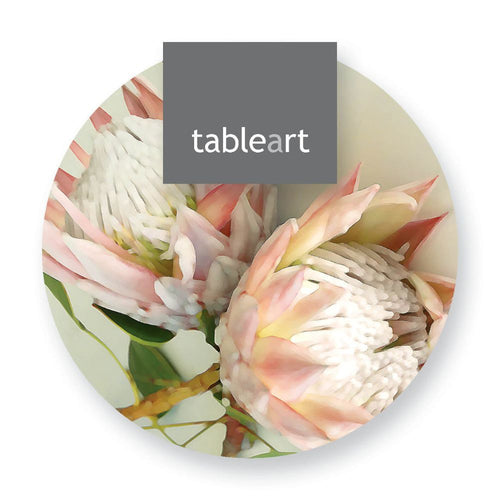 Round coasters with king protea design