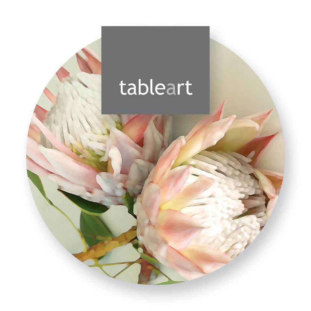 Round coasters with king protea design