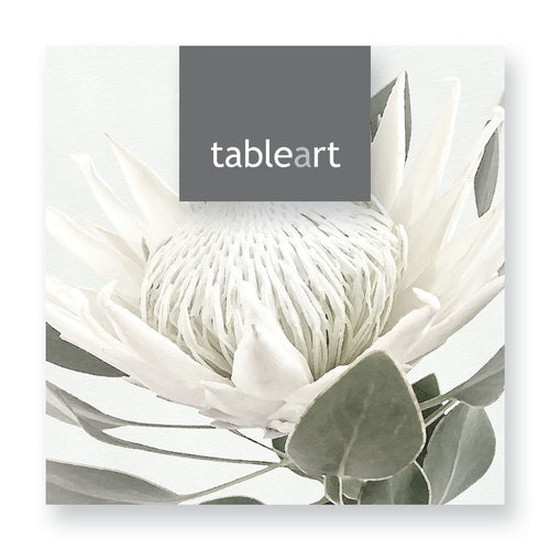 Coasters with white king protea print with 'tableart' logo on a white background