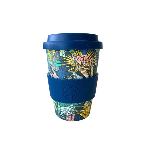 Reusable coffee cup with a blue lid and sleeve featuring jungle animal designs 