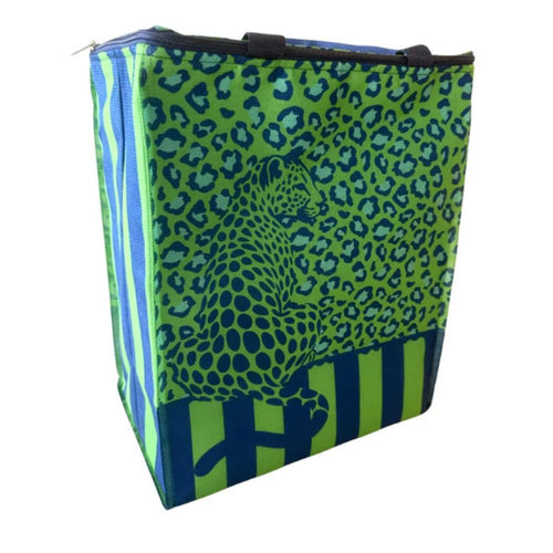 Green and blue leopard print cooler bag with striped pattern on a white background