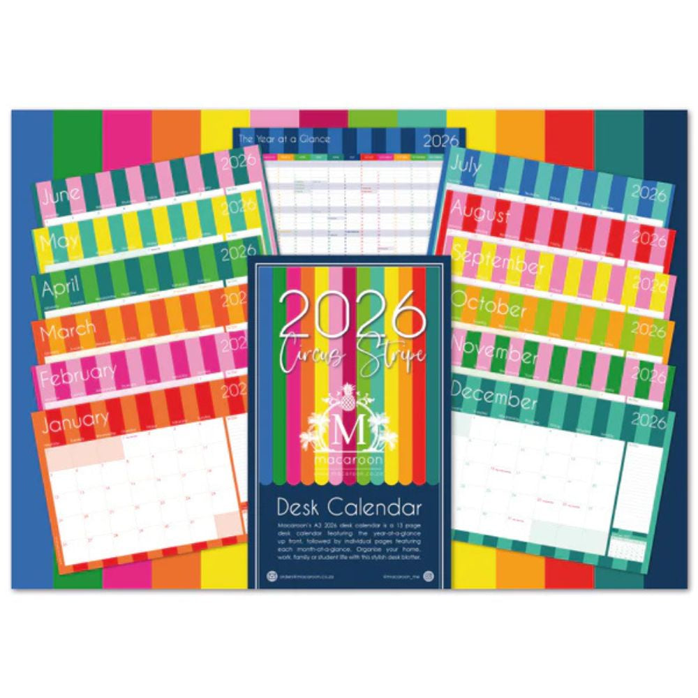 2026 desk calendar with colorful striped design on a white background