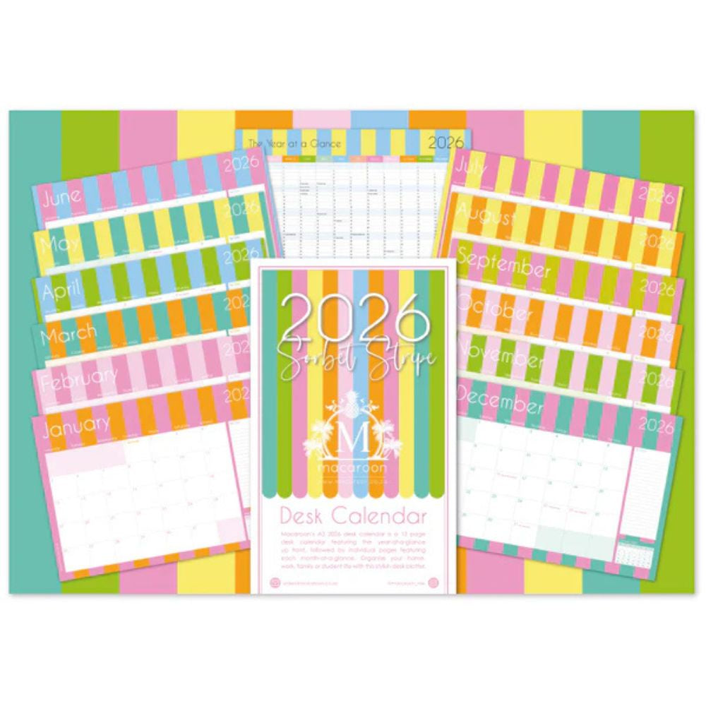 Colorful desk calendar with striped design for 2026 on a white background