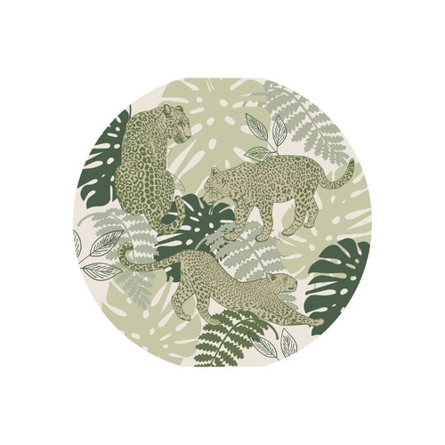 Round license disc sticker with leopards and tropical leaves on a light green background