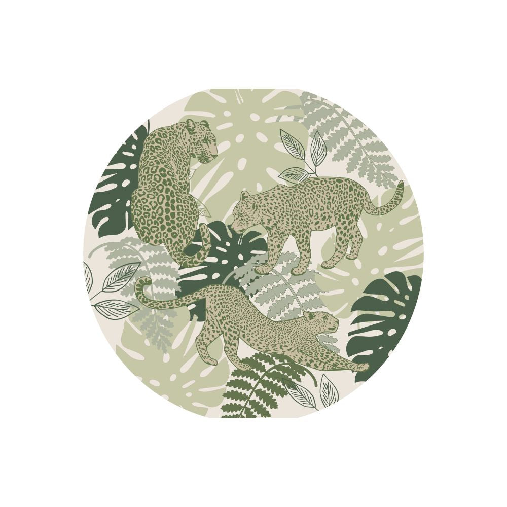 Round license disc sticker with leopards and tropical leaves on a light green background