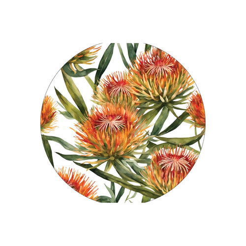 License disc sticker with orange pincushion flowers and green leaves on a white background
