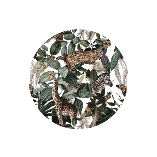 License disc sticker with animals like a leopard, giraffe, and zebra among leaves on a white background