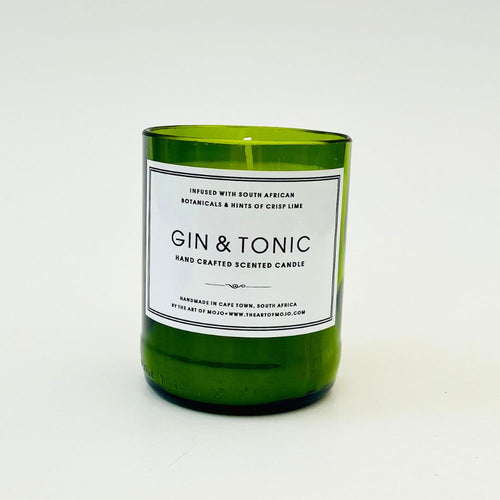 Green Gin & Tonic candle with a label on a white background